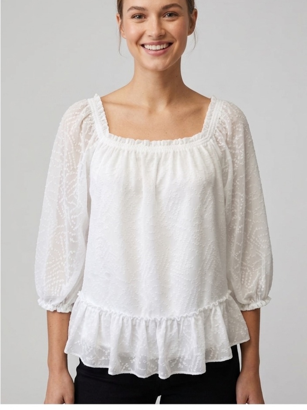 Banana Republic White 3/4 Sleeve Semi Sheer Peplum Clip Dot Blouse Size Medium
